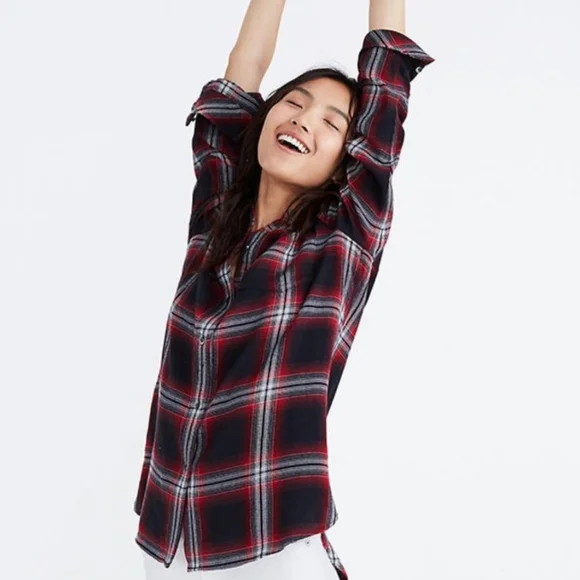 Madewell Flannel Classic Ex-Boyfriend Shirt in Rollins Red Plaid Size Small - Picture 2 of 9